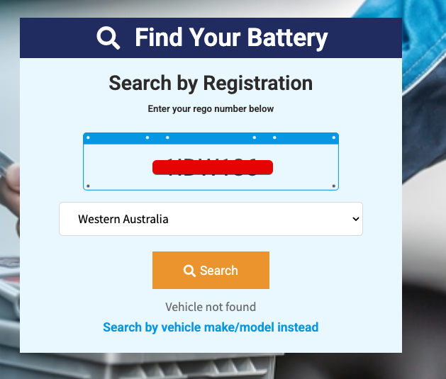 BatteryGuys screenshot showing no quote returned for the Toyota RAV4 2013 number plate