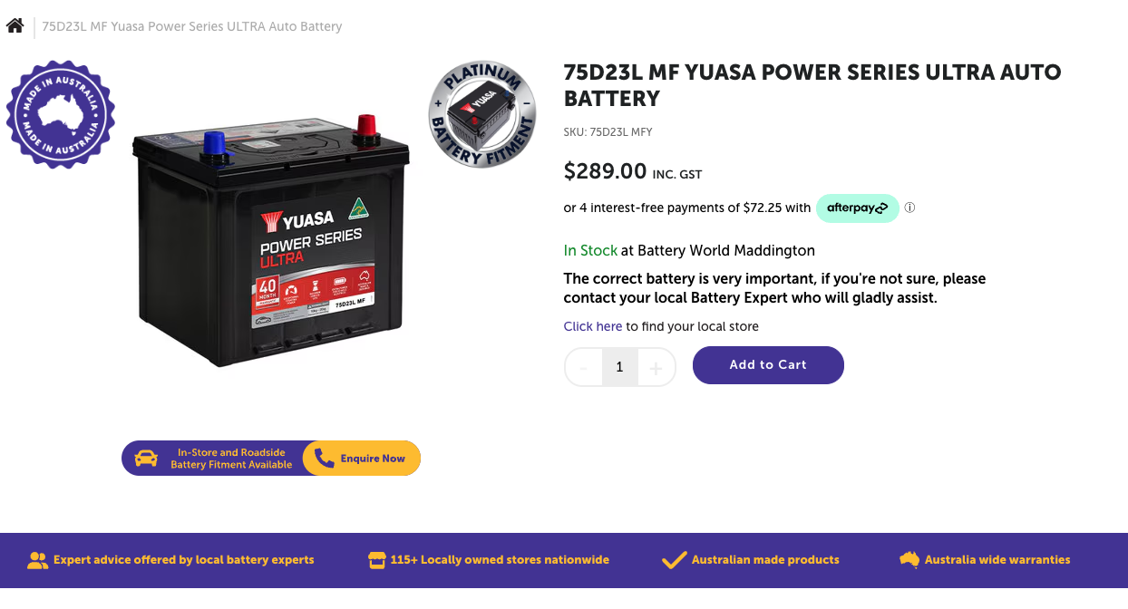 Battery World Toyota RAV4 2013 quote screenshot showing $289.00