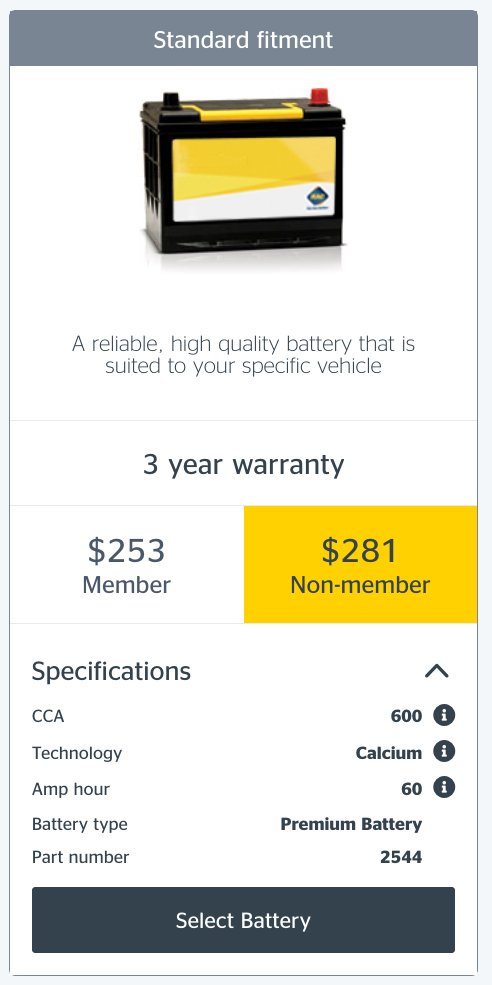 RAC Toyota RAV4 2013 quote screenshot showing $253 member and $281 non-member pricing