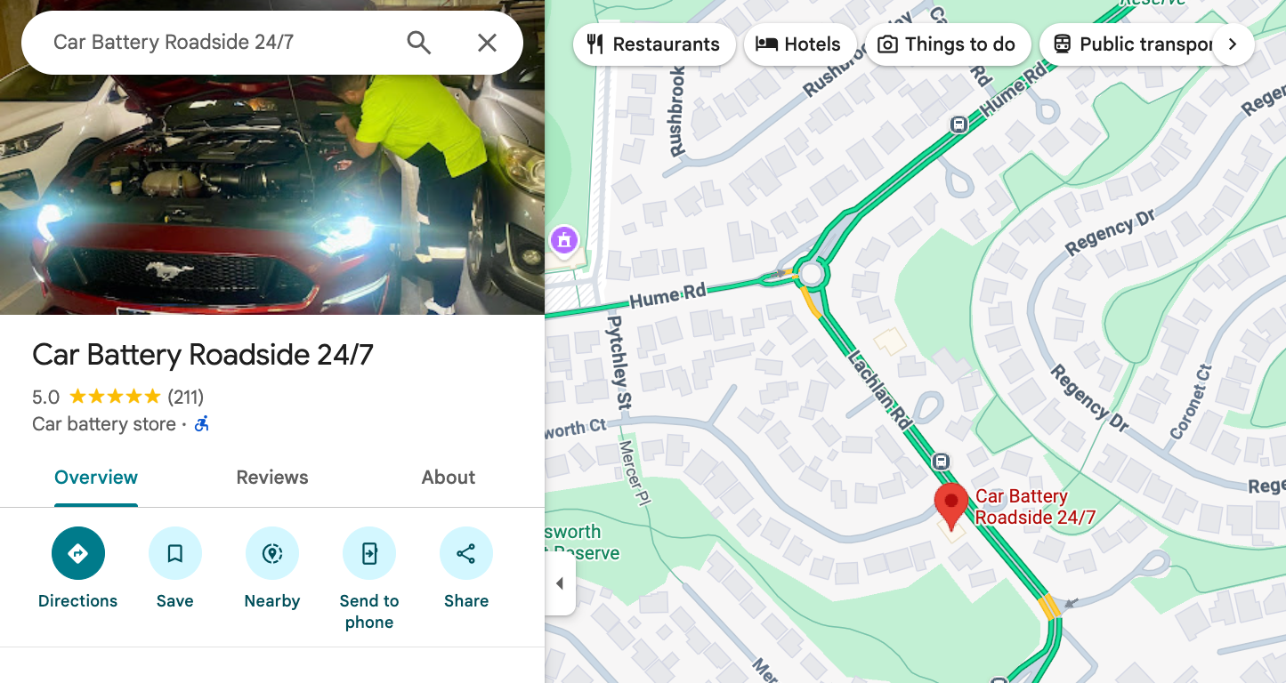 Car Battery Roadside 24/7 Google Business Profile showing 200+ five-star reviews from Perth customers