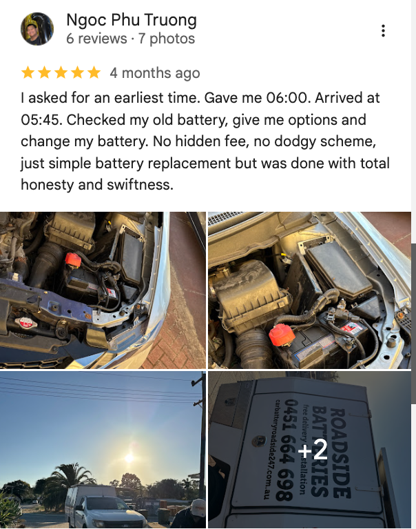 Five-star Google review for Car Battery Roadside 24/7 from a Perth customer