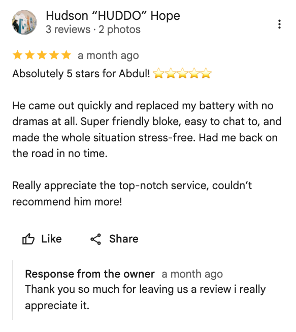 Five-star Google review for Car Battery Roadside 24/7 from a Perth customer