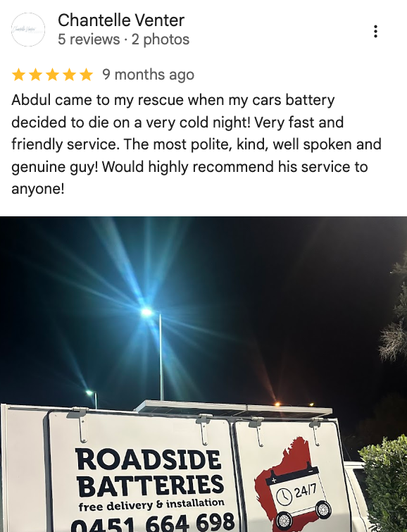 Five-star Google review for Car Battery Roadside 24/7 from a Perth customer